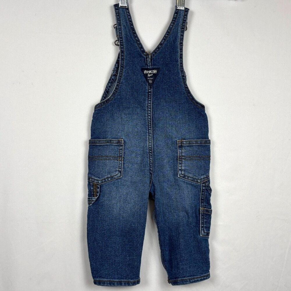OshKosh B'gosh Baby Overalls 9M Dark Wash Stretch Denim Bibs Vestbak Classic - Picture 2 of 7